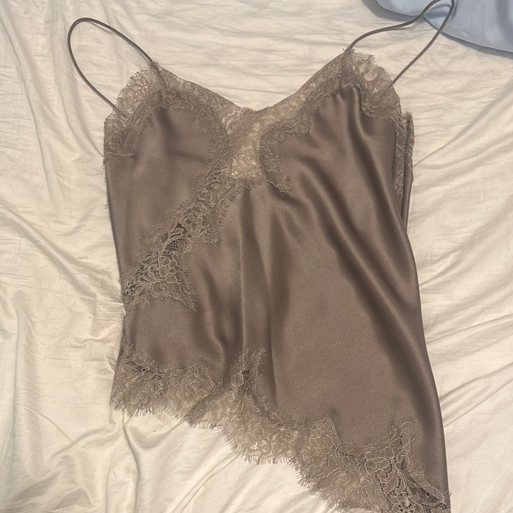 Lace-Trim Satin Cami Tank Top in Taupe